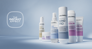 Goldwell Dualsenses hero banner featuring Dualsenses packshots against a blue background
